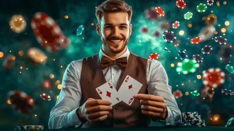 Smiling male dealer in vest and bow tie holding aces with casino chips and cards flying