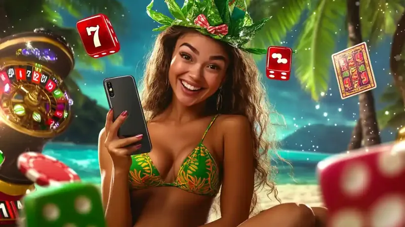 Happy woman in tropical bikini holding smartphone with roulette wheel and casino dice floating around